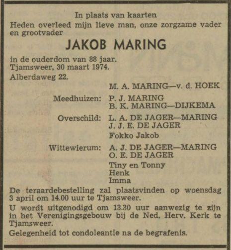 overlijdensadvertentie Jakob Maring on 30 Mar 1974.